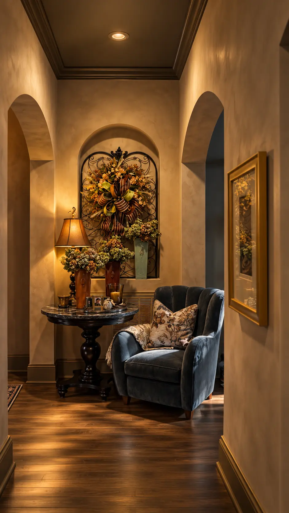 Lime-painted main hall with arched openings, a navy ceiling, slate blue velvet chair and a collected arrangement of art and flowers