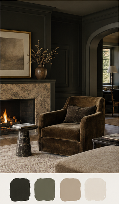 Dark paneled living room with a fireplace and velvet armchair, above four charcoal, olive, warm neutral and near-white swatches.