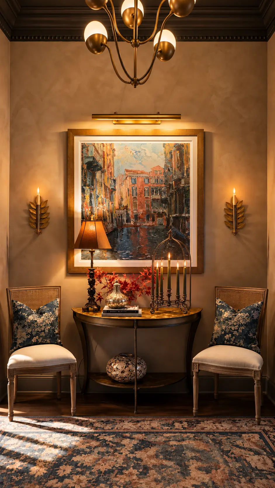 Entry console and framed Venice artwork illuminated by a picture light, table lamp and candles beneath a brass chandelier