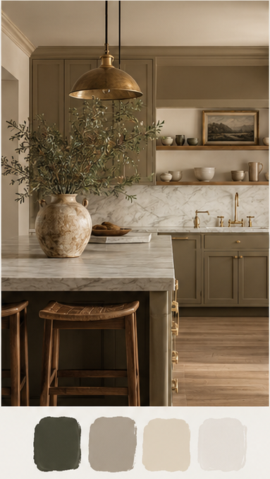 Warm kitchen with a marble island and brass pendant, above four olive, mid-tone, warm neutral and near-white swatches.