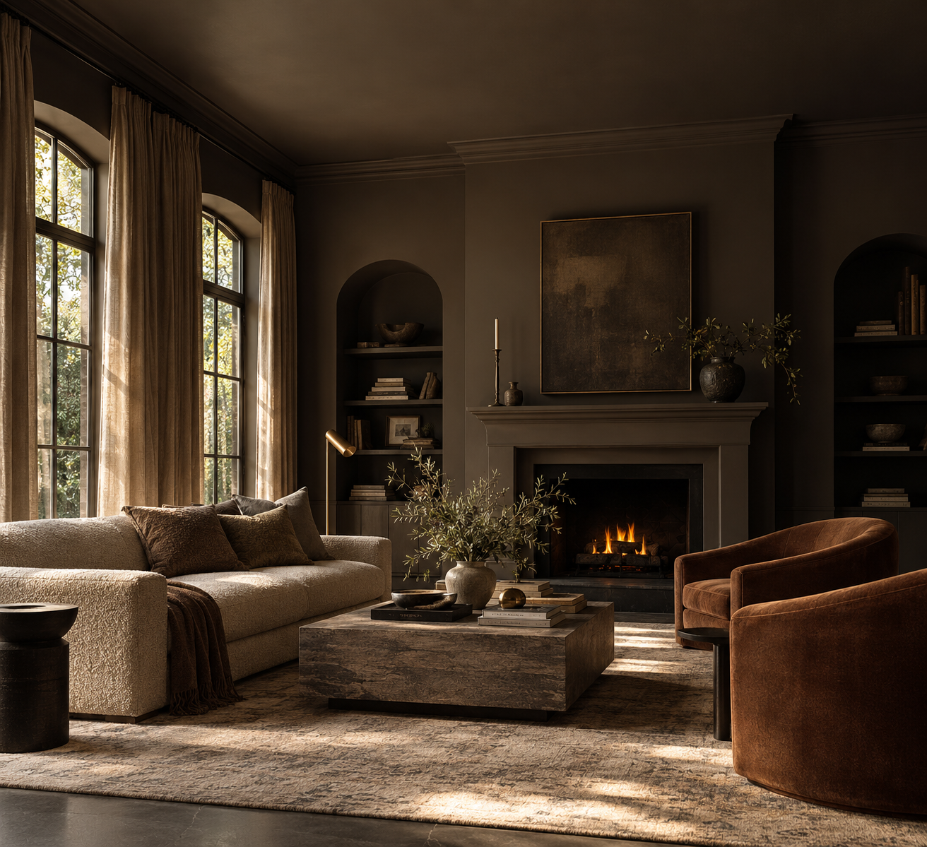 A living room color-drenched in one deep warm taupe in a matte flat finish across the walls, ceiling, crown molding, arched built-in bookcases and fireplace mantel, with a cream boucle sofa, rust velvet chairs and sunlight through tall arched windows