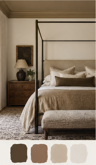 Layered neutral bedroom with a four-poster bed, above four deep brown, mid-tone, warm neutral and near-white swatches.