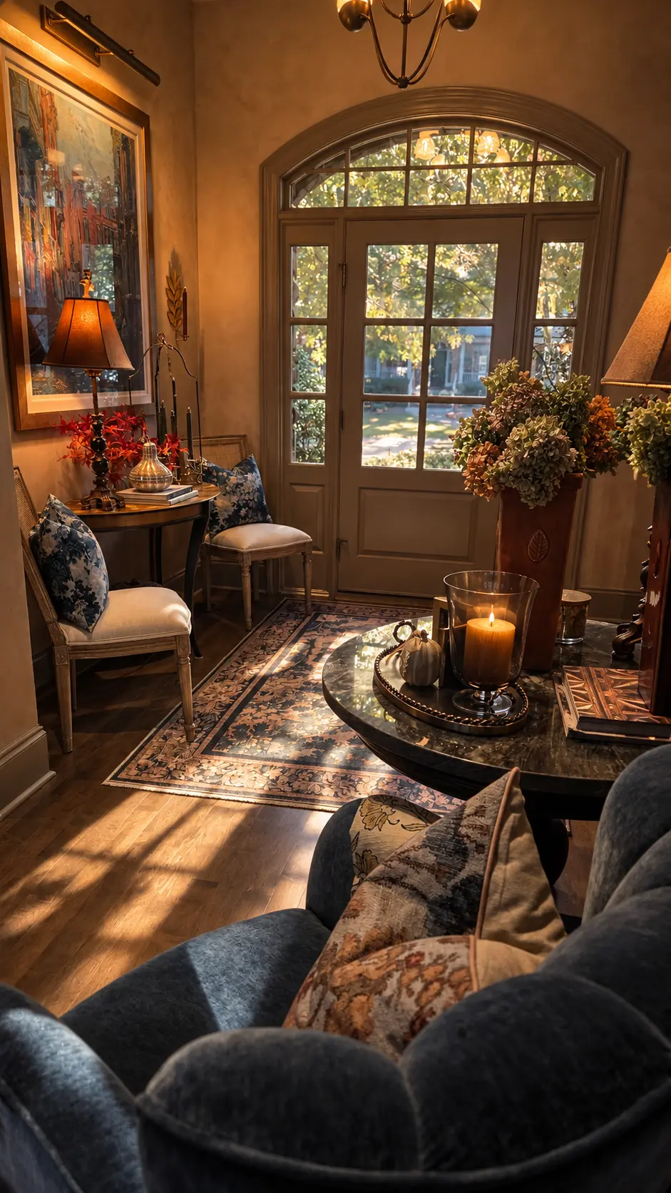 Sunlight falls through the glazed entry door across the patterned rug, with a slate blue velvet chair and seasonal flowers in the foreground