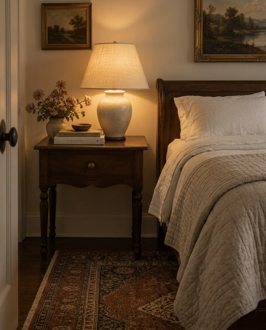 Bedside table with a lit ceramic lamp, books and the walnut sleigh bed dressed in ivory linen