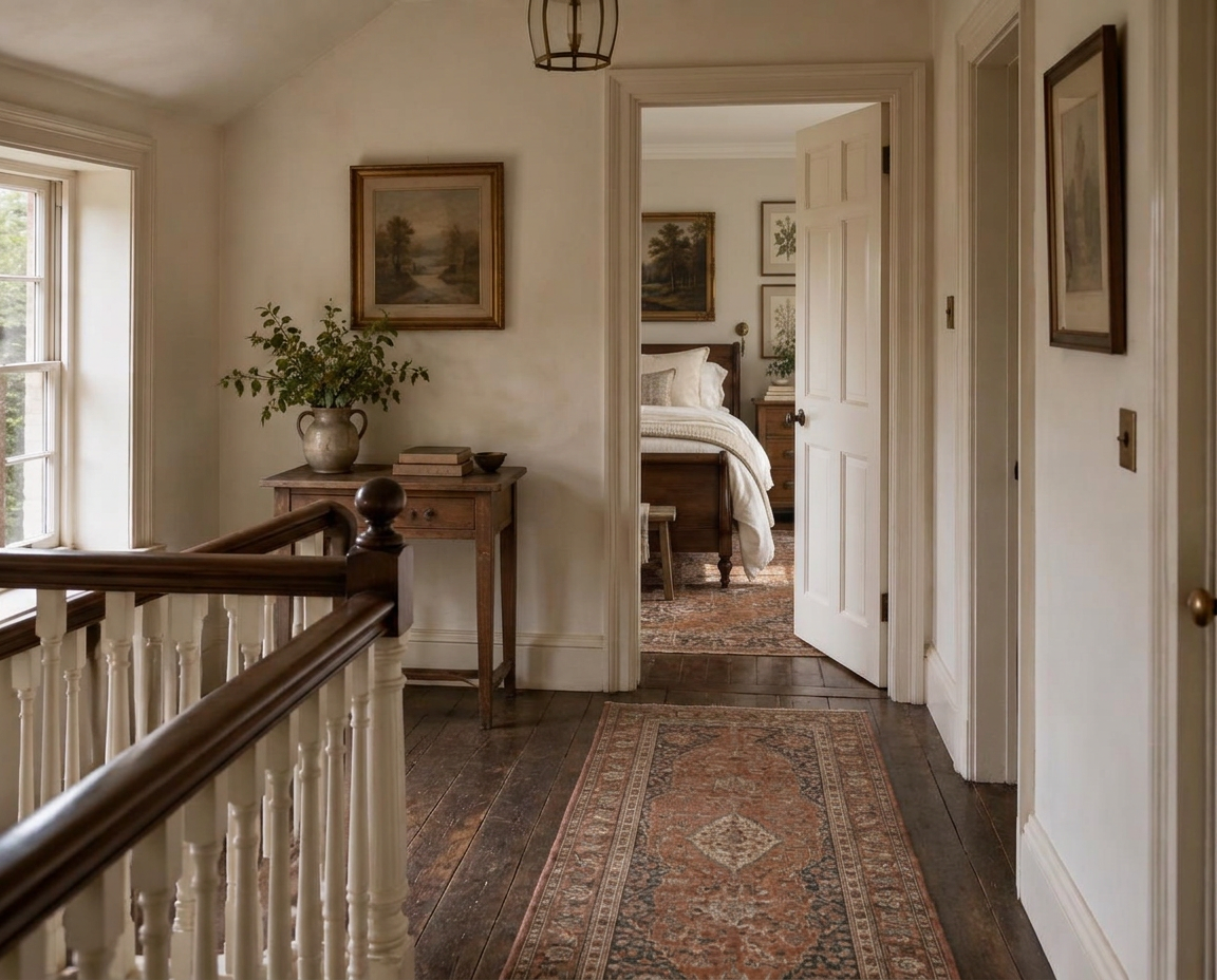 Cottage landing with warm white walls, Bone painted door open to the bedroom beyond