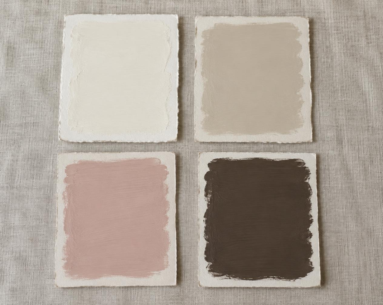 Hand-painted swatch cards in warm chalk white, bone beige, faded rose and peat brown on linen