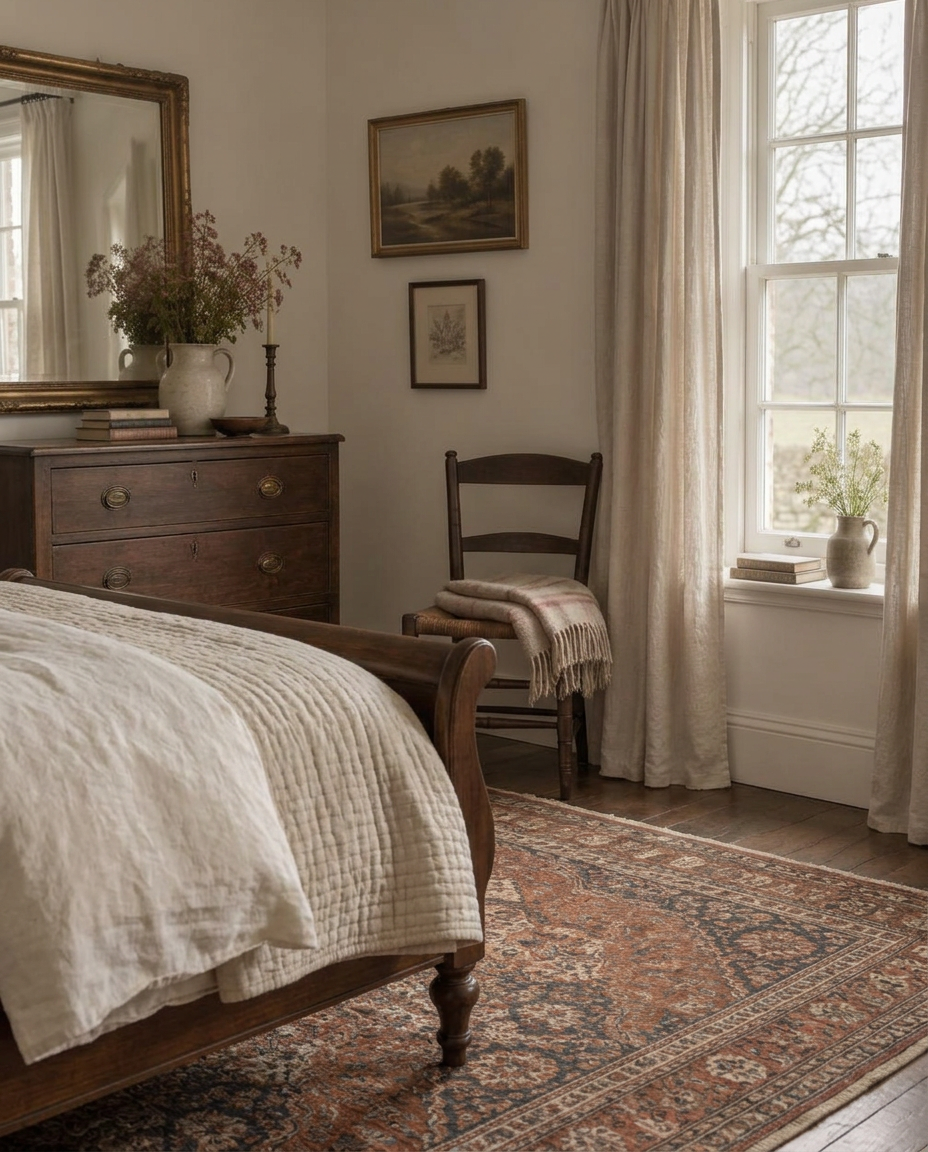 Bedroom corner with chalky warm white walls, linen curtains, antique chest and rush chair