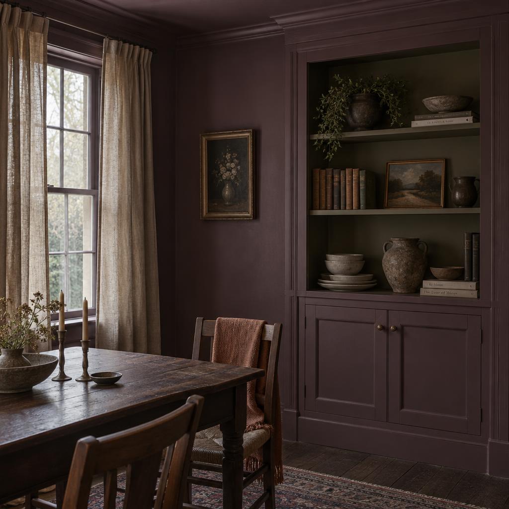 Built-in cabinet with a Smoked Olive interior beside a linen-curtained window in the plum dining room