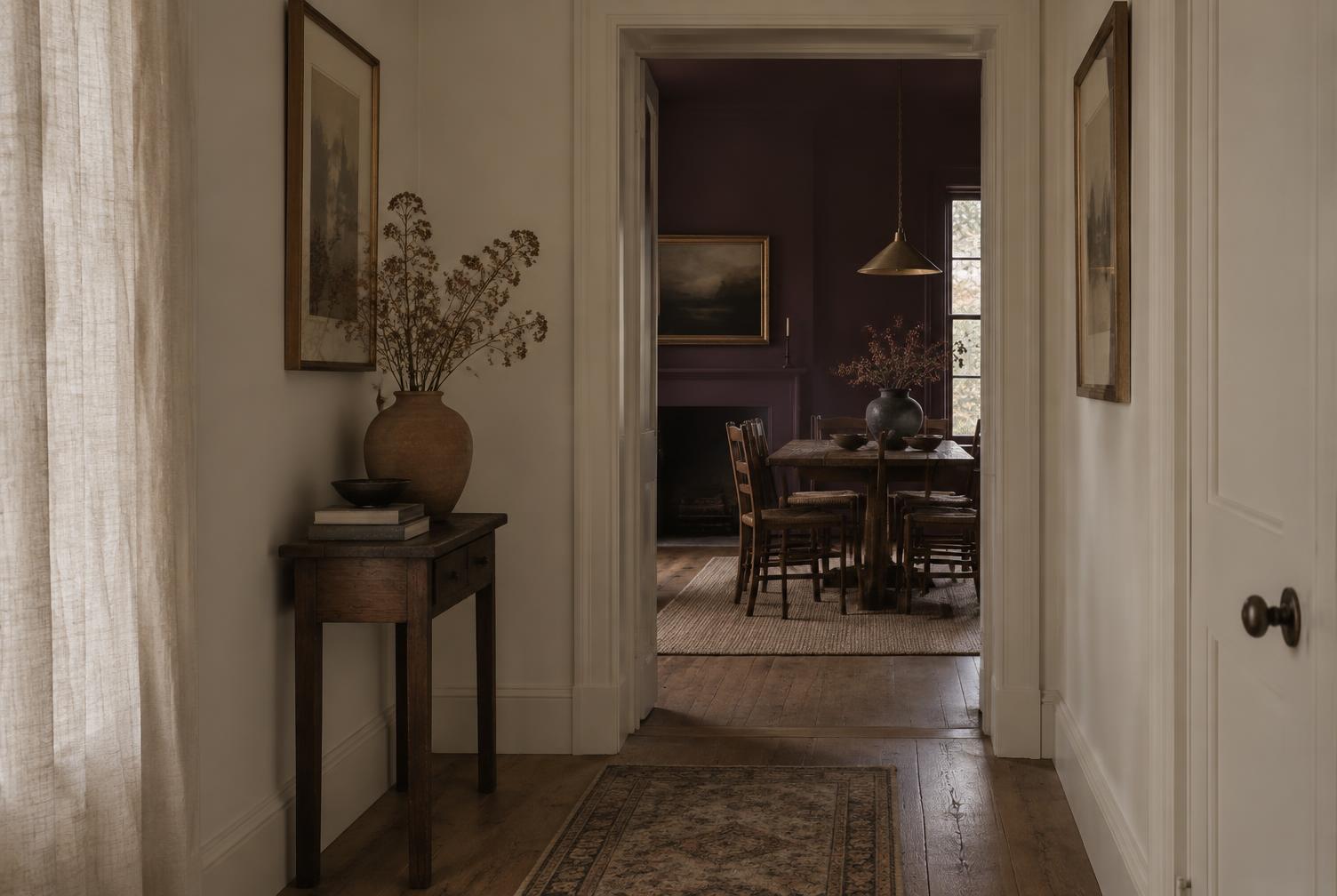 Chalky warm-white hallway with an open doorway revealing the plum-painted dining room beyond